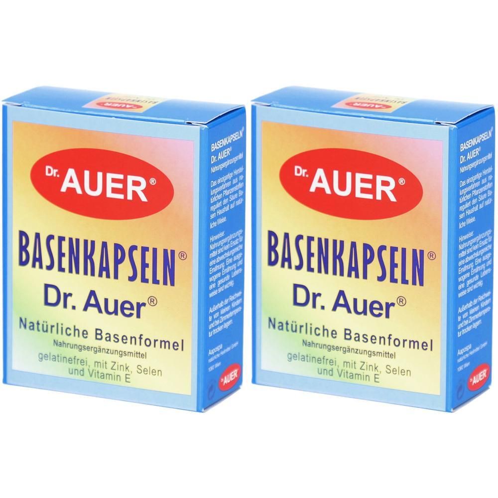 Zwei Packungen Dr. Auer Basenkapseln mit natürlicher Basenformel, gelatinefrei, mit Zink, Selen und Vitamin E.