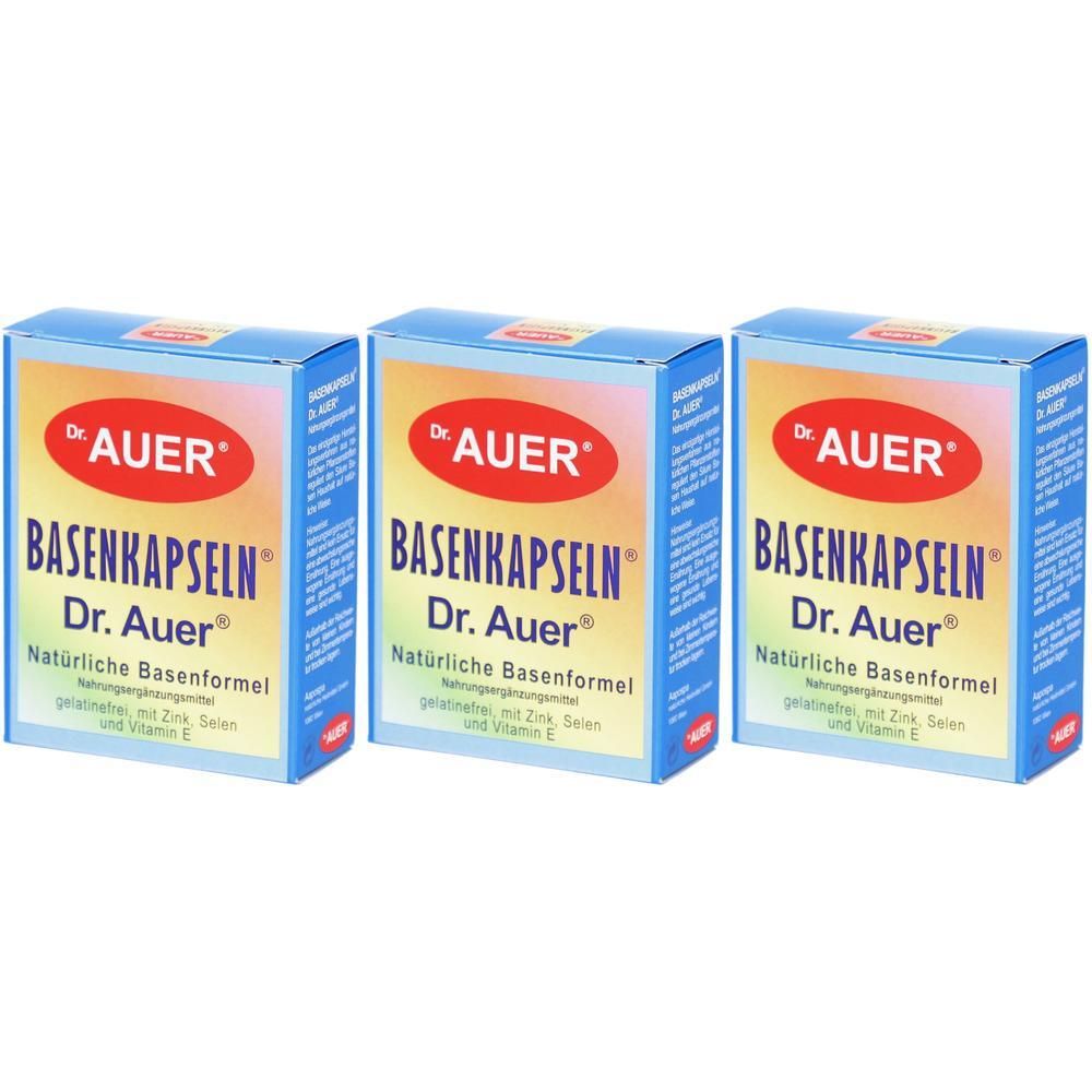 Drei Packungen Basenpulver Dr. Auer mit natürlicher Basenformel, Zink, Selen und Vitamin E.
