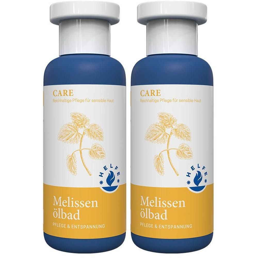Zwei blaue Flaschen HELFE Melissenölbad mit weißem Verschluss. Vorderseite mit gelbem Etikett, Melissenblatt-Illustration und Text.