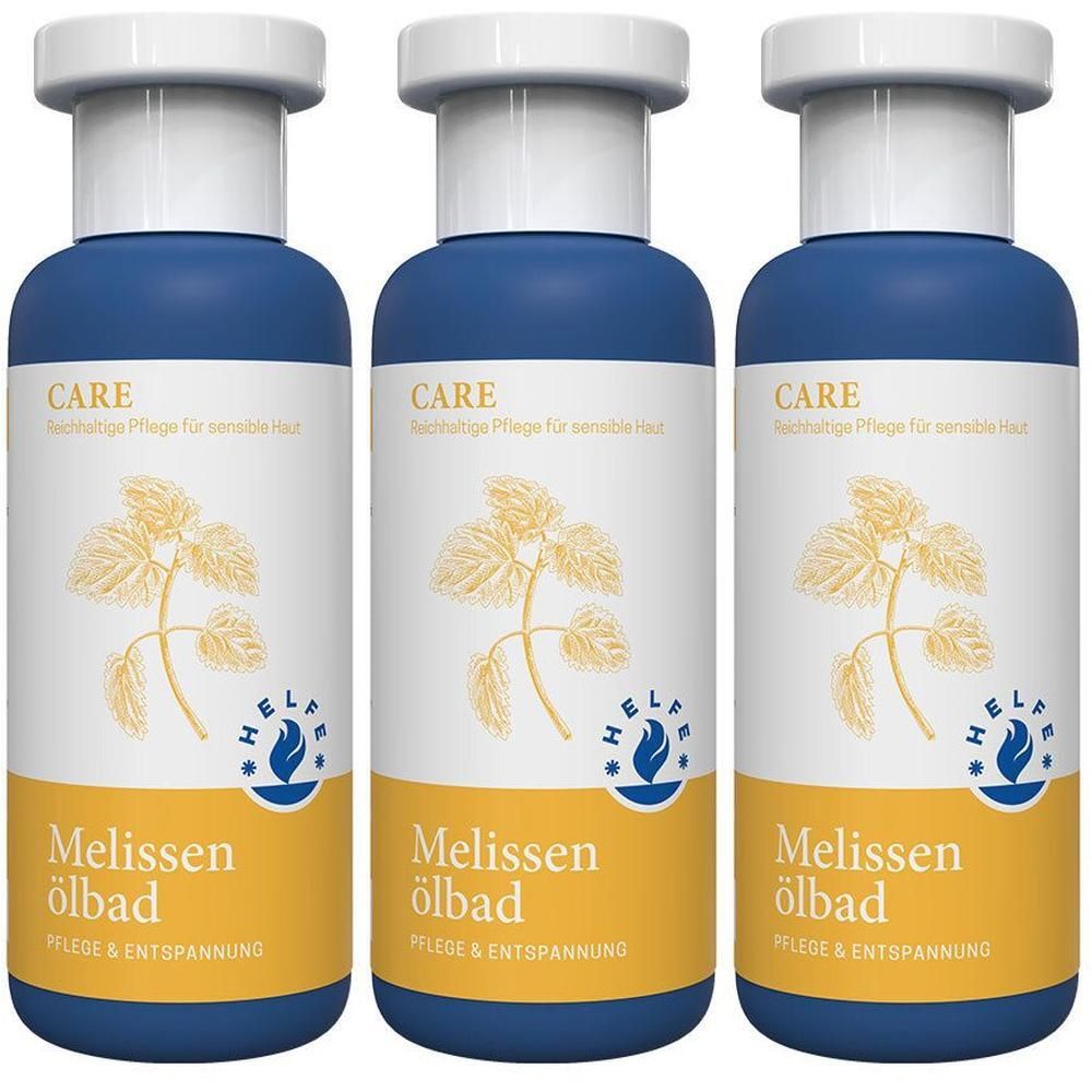 Drei Flaschen HELFE Melissen Ölbad mit blauem Etikett und gelbem Streifen. Darauf abgebildet ist eine Pflanze und der Schriftzug "Melissen ölbad".