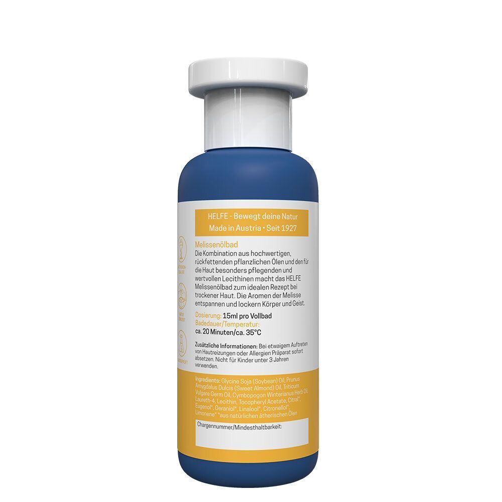 Rückseite einer Flasche HELFE Melissen Ölbad. Blau mit gelbem Streifen. Enthält Textinformationen über das Produkt und seine Anwendung.