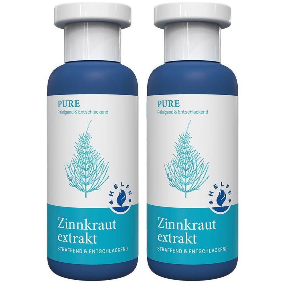 Zwei blaue Flaschen HELFE Zinnkrautextrakt mit weißem Etikett und weißem Deckel. Die Flaschen zeigen eine Zeichnung von Zinnkraut.
