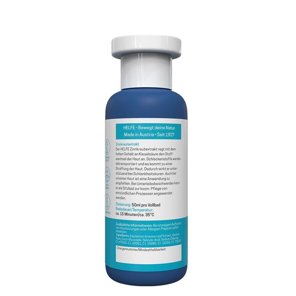 Rückseite einer blauen Flasche HELFE Zinnkrautextrakt mit weißem Etikett und weißem Deckel. Das Etikett enthält Produktinformationen und Anweisungen.