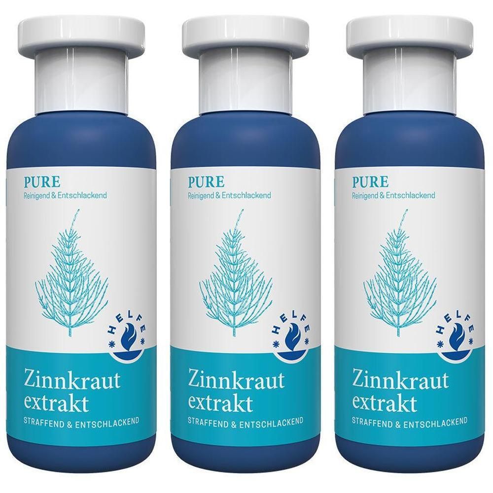 Drei blaue Flaschen HELFE Zinnkrautextrakt mit weißem Verschluss und Etikett mit Pflanzenmotiv.
