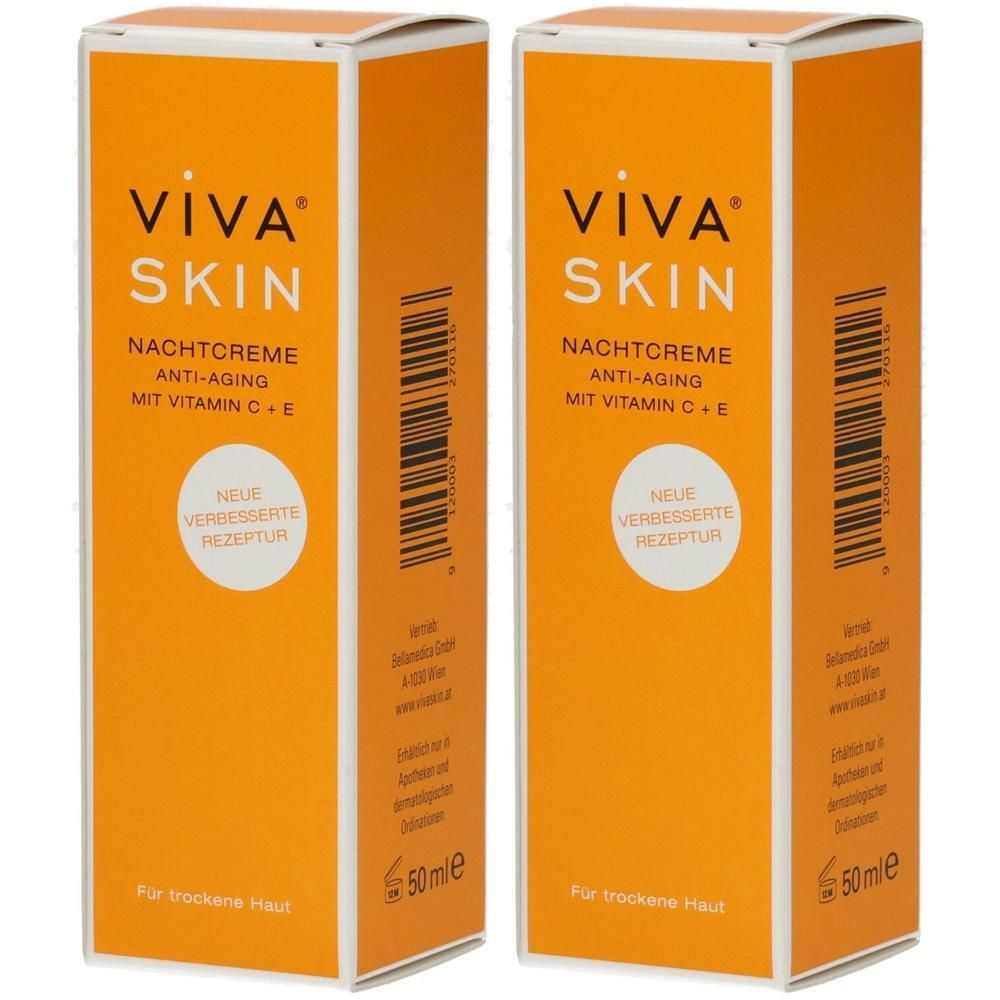 Zwei Schachteln Viva Skin Nachtcreme Anti-Aging mit Vitamin C+E für trockene Haut, je 50ml.