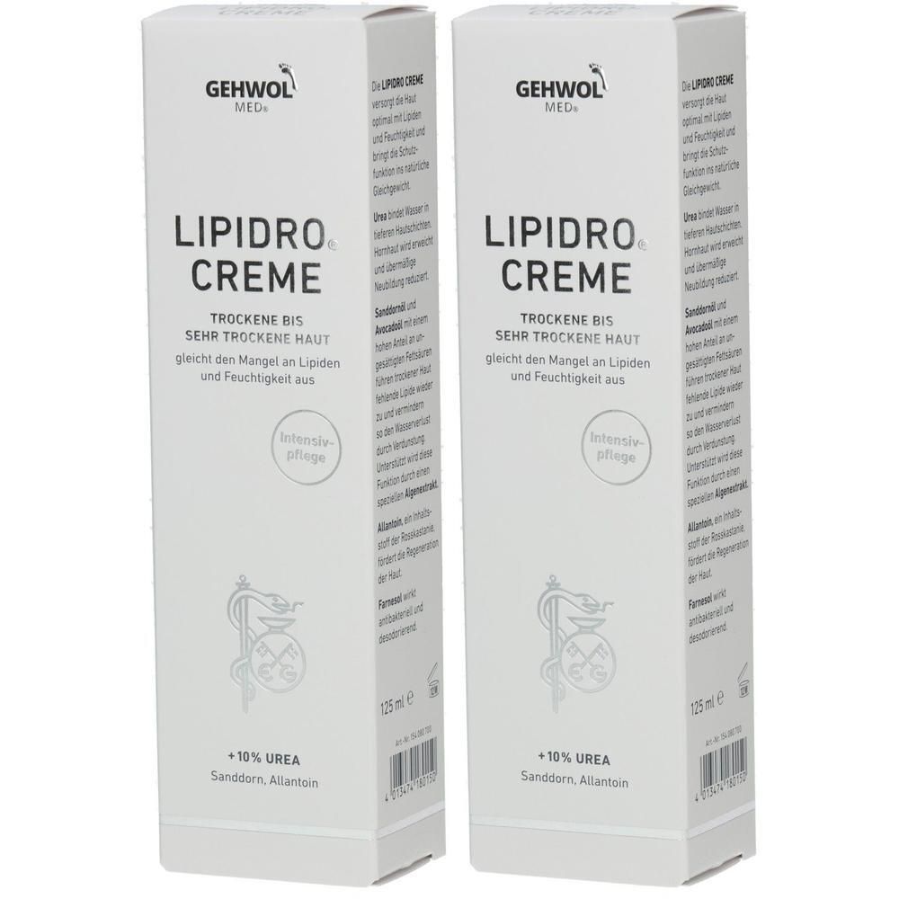 Zwei Packungen GEHWOL MED LIPIDRO CREME mit 10% Urea für sehr trockene Haut.