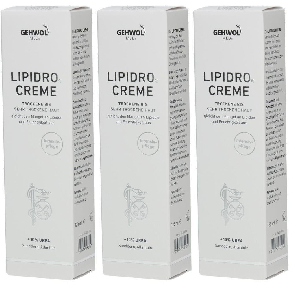 Drei GEHWOL MED Lipidro Creme Kartons mit 10% Urea für sehr trockene Haut.