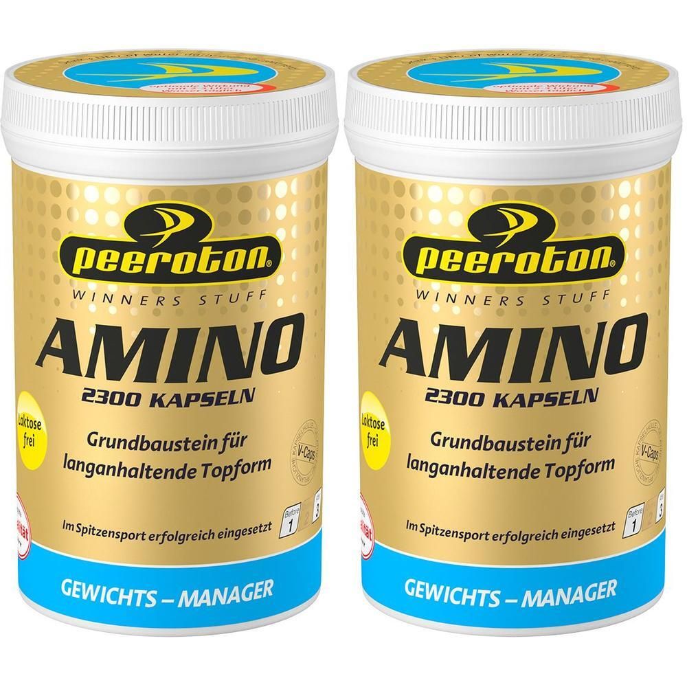 Zwei Dosen peeroton AMINO 2300 Kapseln, goldfarben mit blauer Banderole.