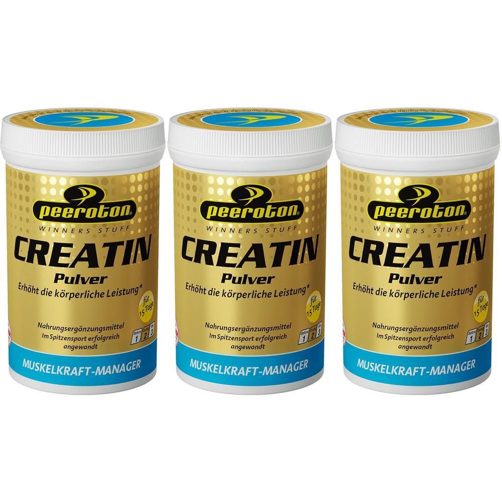 Drei goldene Dosen mit peeroton Kreatin Pulver. Beschriftung: 'CREATIN Pulver', 'MUSKELKRAFT-MANAGER'.