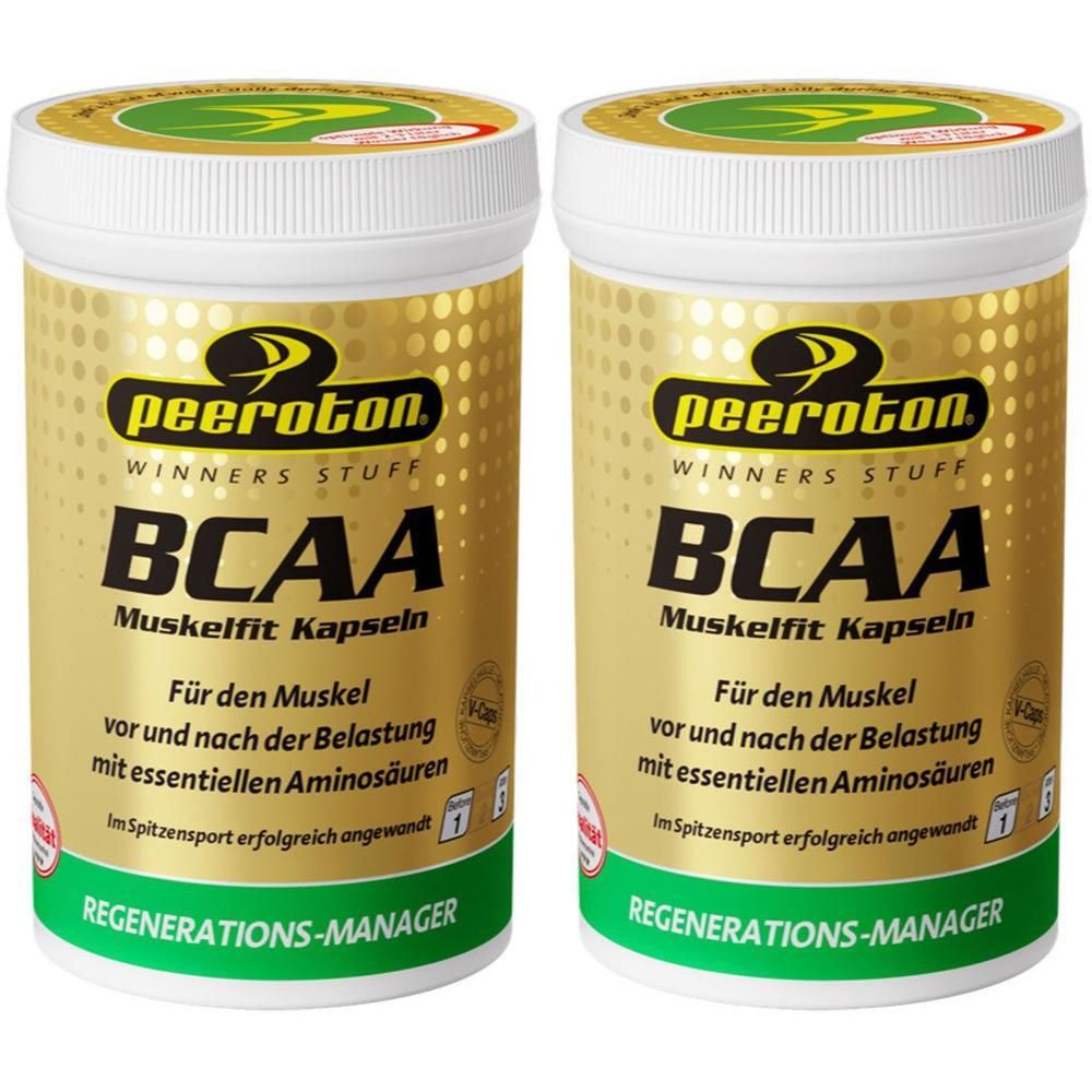 Zwei Behälter Peeroton BCAA Muskel-Kapseln, goldfarben mit schwarzen und grünen Akzenten.