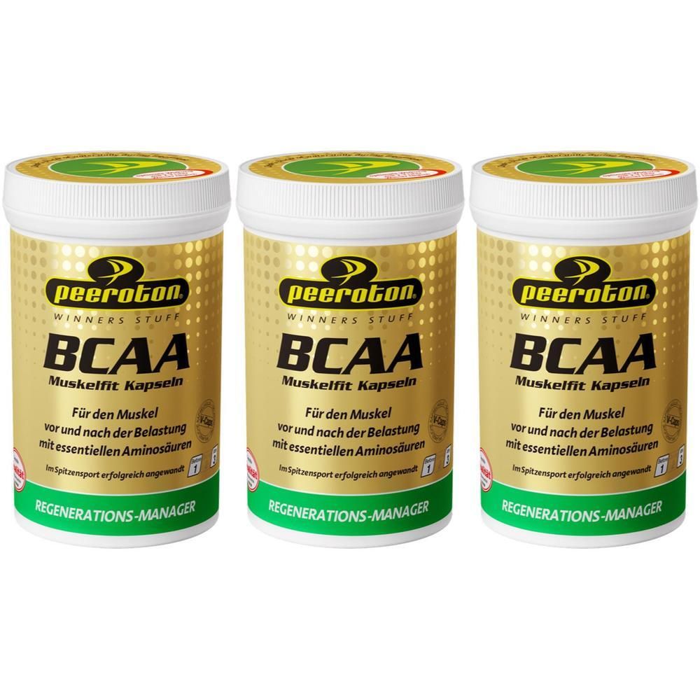 Drei Behälter mit peeroton BCAA Muskelkraft Kapseln. Goldene Etiketten mit schwarzer und grüner Schrift.