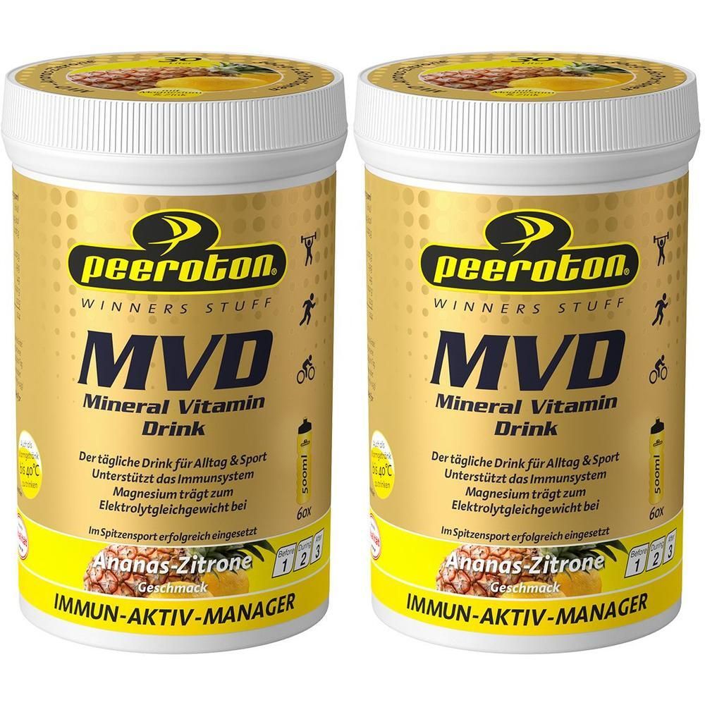 Zwei Dosen peeroton MVD Mineral Vitamin Drink Ananas-Zitrone. Goldene Verpackung mit schwarzer Schrift.