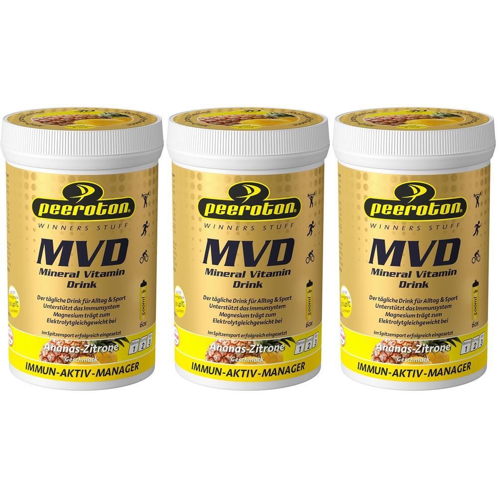 Drei Dosen peeroton® MVD Mineral Vitamin Drink Ananas-Zitrone.