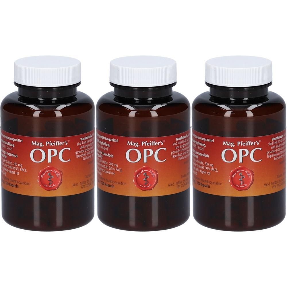 Drei braune Flaschen mit weißen Kappen, die OPC-Kapseln enthalten. Etiketten zeigen Produktinformationen und ein rotes Siegel.