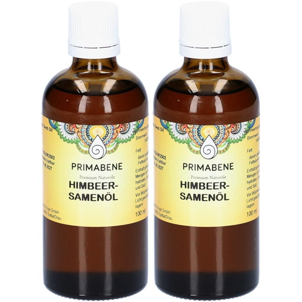 Zwei Flaschen PRIMABENE Himbeersamenöl, je 100ml, mit weißen Schraubverschlüssen und gelben Etiketten.
