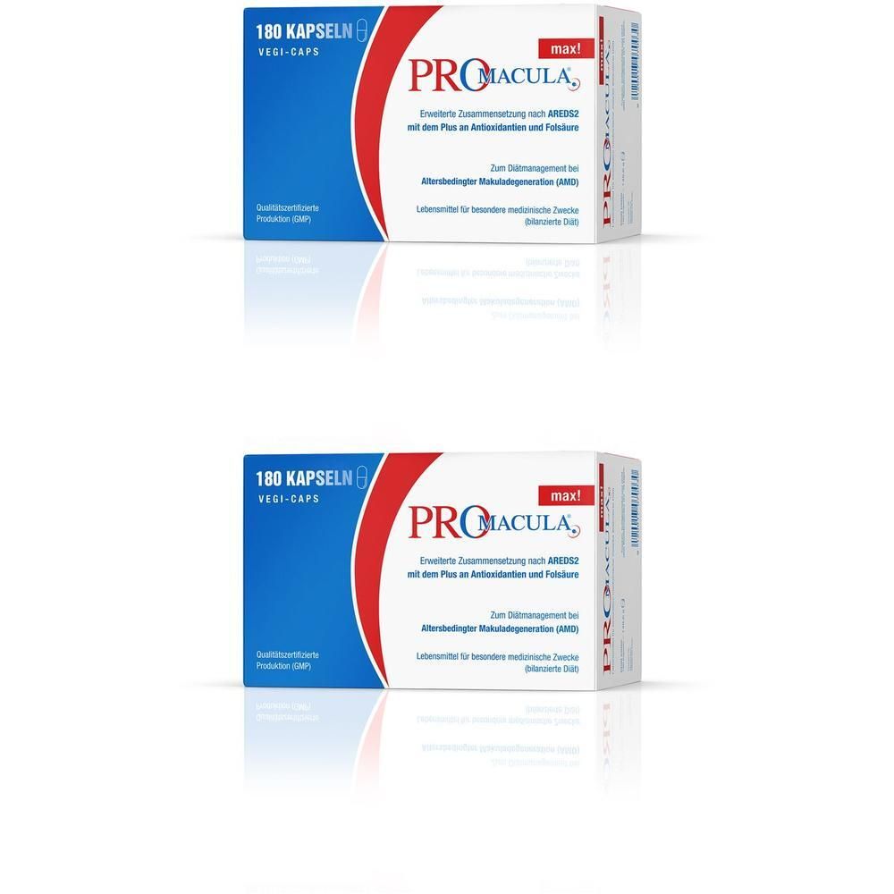 PROmacula® max! Kapseln: Kartonverpackung mit 180 Vegi-Kapseln.