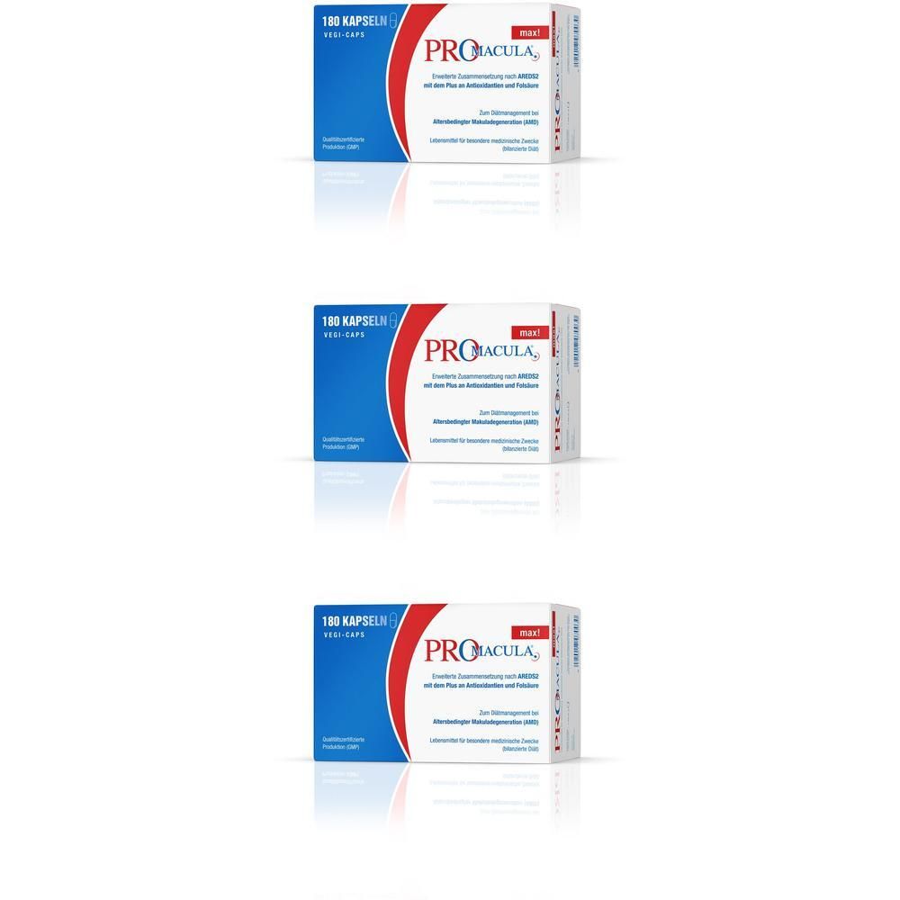 PROmacula® max! Kapseln: Blisterverpackung mit 100 Kapseln, blaue und rote Verpackung.
