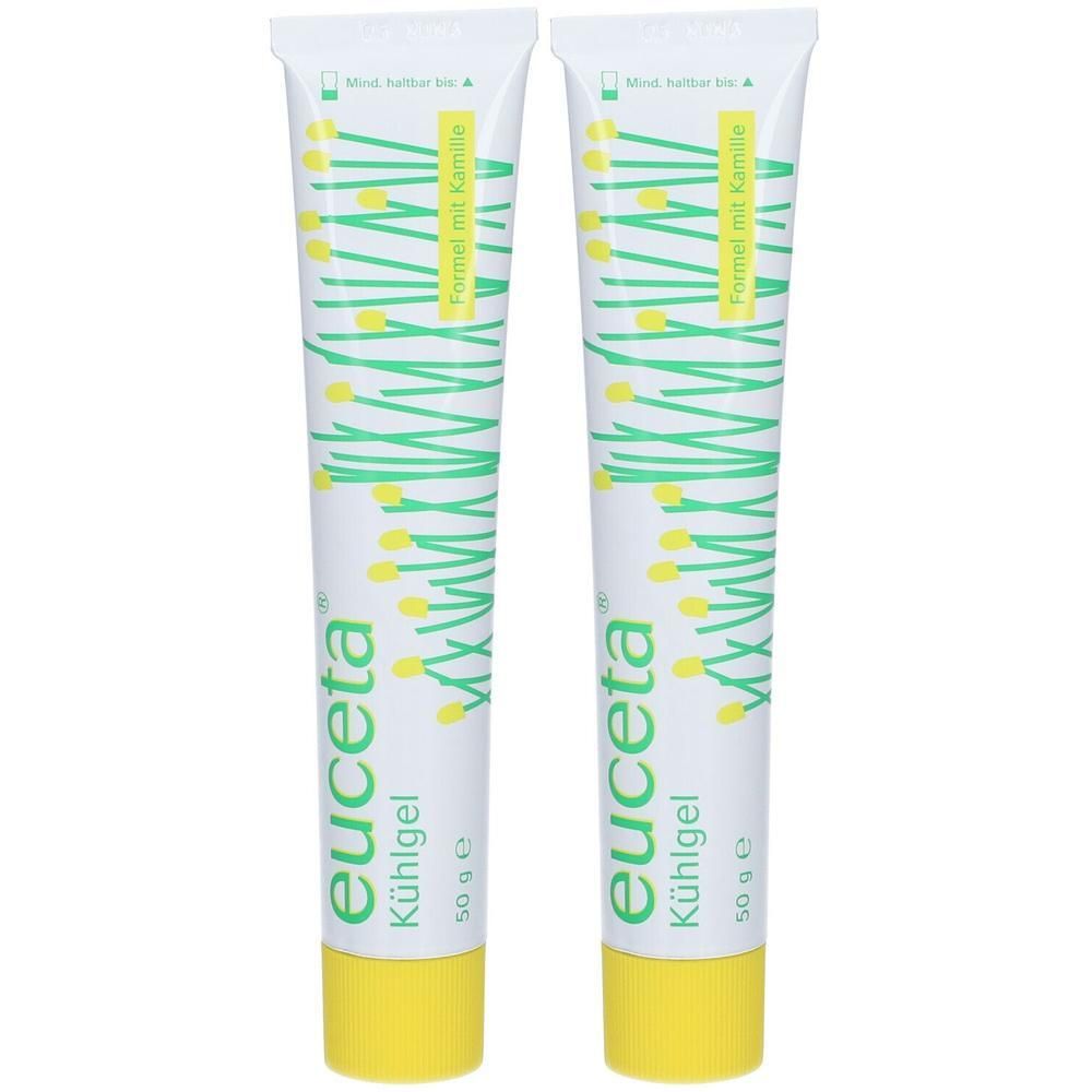 Zwei Tuben euceta® Kühlgel, je 50 g, mit gelbem Verschluss und grün-gelbem Muster.