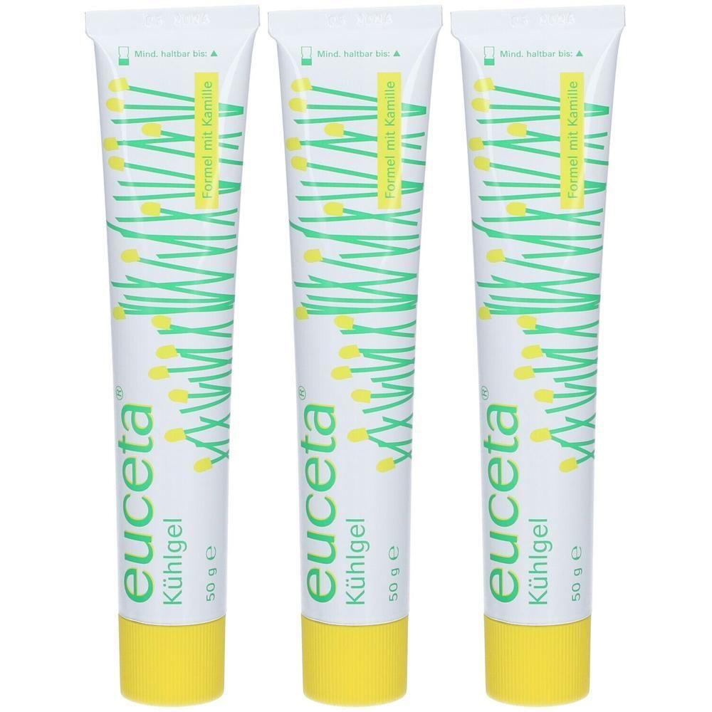 Drei Tuben euceta® Kühlgel mit Kamille, je 50 g.