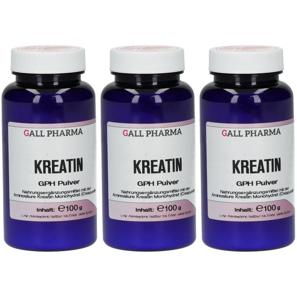 Drei Flaschen Gall Pharma Kreatin GPH Pulver, je 100g.