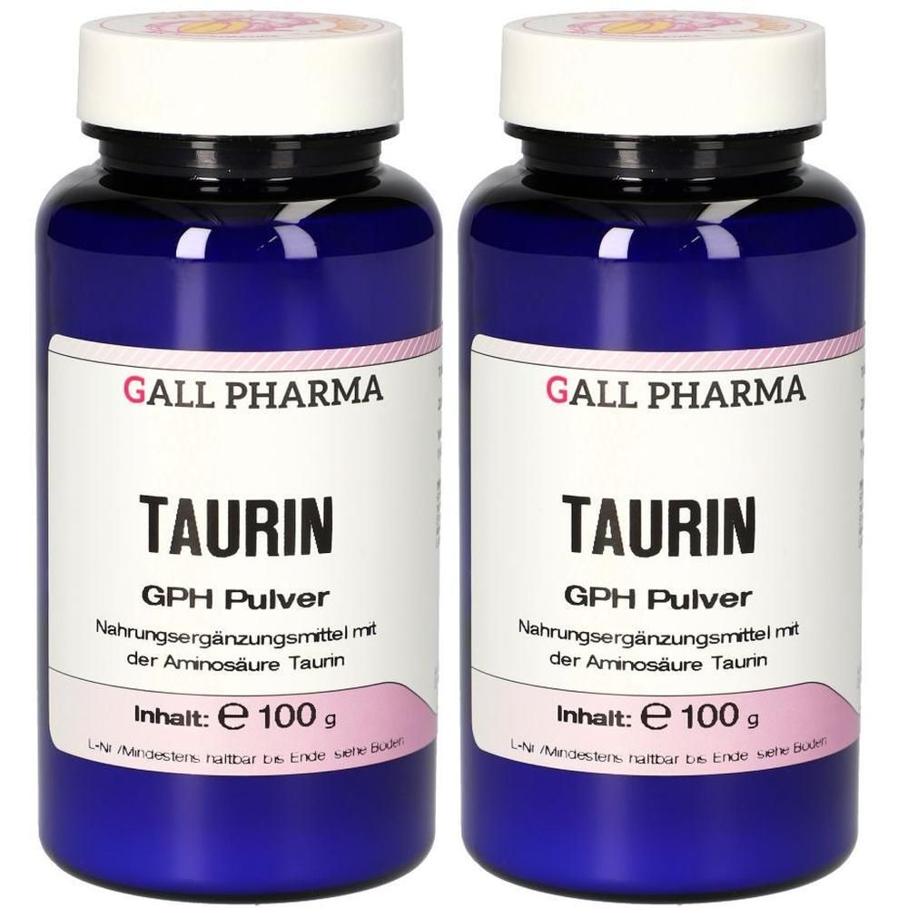 Zwei blaue Behälter mit Gall Pharma Taurin GPH Pulver, jeweils 100g.