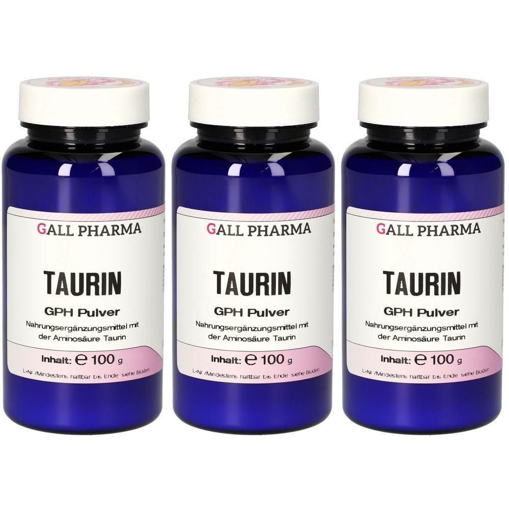 Drei blaue Behälter mit TAURIN GPH Pulver. Jede Flasche enthält 100g.