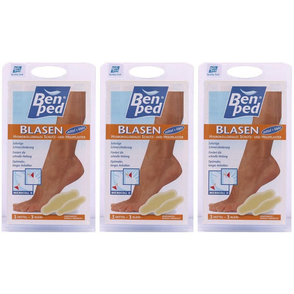 Drei Packungen Ben® ped Blasenpflaster mit Hydrokolloid-Technologie. Jede Packung enthält 3 mittelgroße Pflaster.