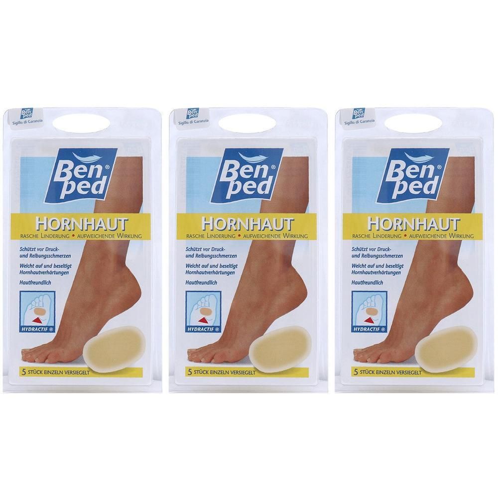Drei Packungen Ben® ped Hornhautpflaster mit je 5 Stück. Zeigt einen Fuß mit einem Pflaster.