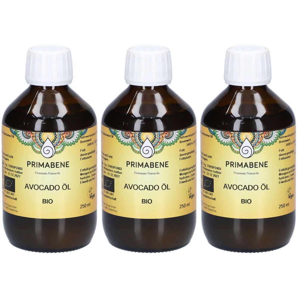 Drei Flaschen PRIMABENE Avocadoöl BIO, 250ml.