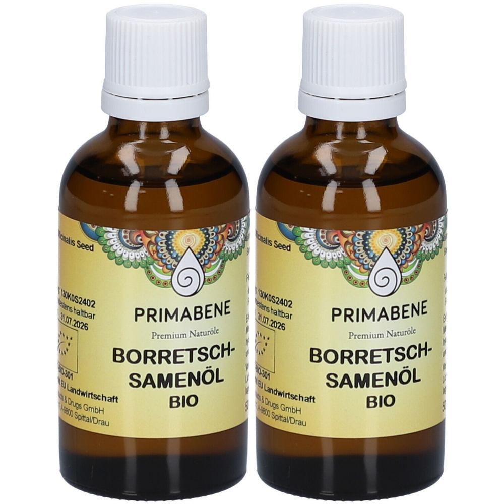 Zwei Braunglasflaschen mit weißem Schraubverschluss, gefüllt mit PRIMABENE Borretschsamenöl Bio.