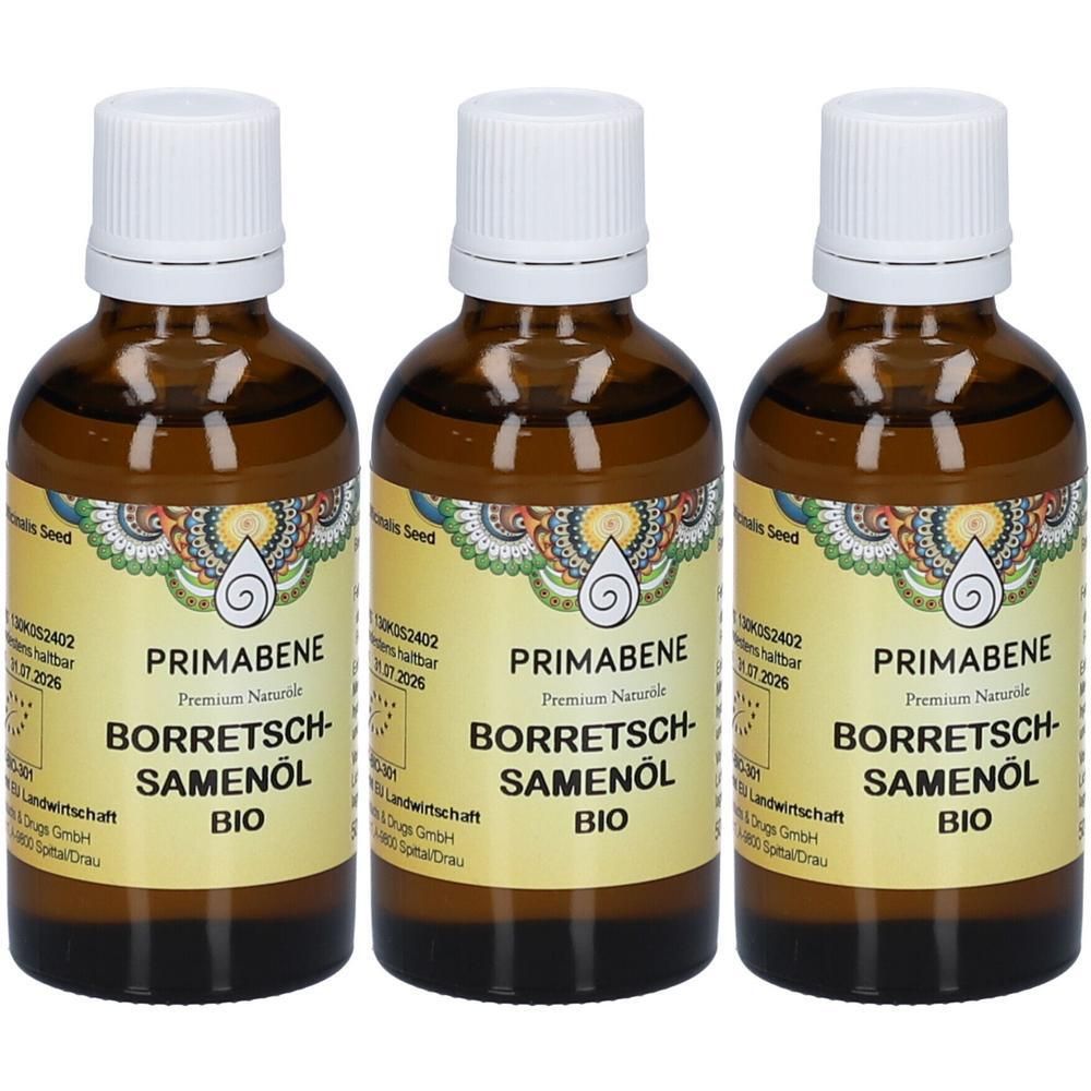 Drei Flaschen PRIMABENE Borretschsamenöl Bio mit weißen Schraubverschlüssen und gelben Etiketten.