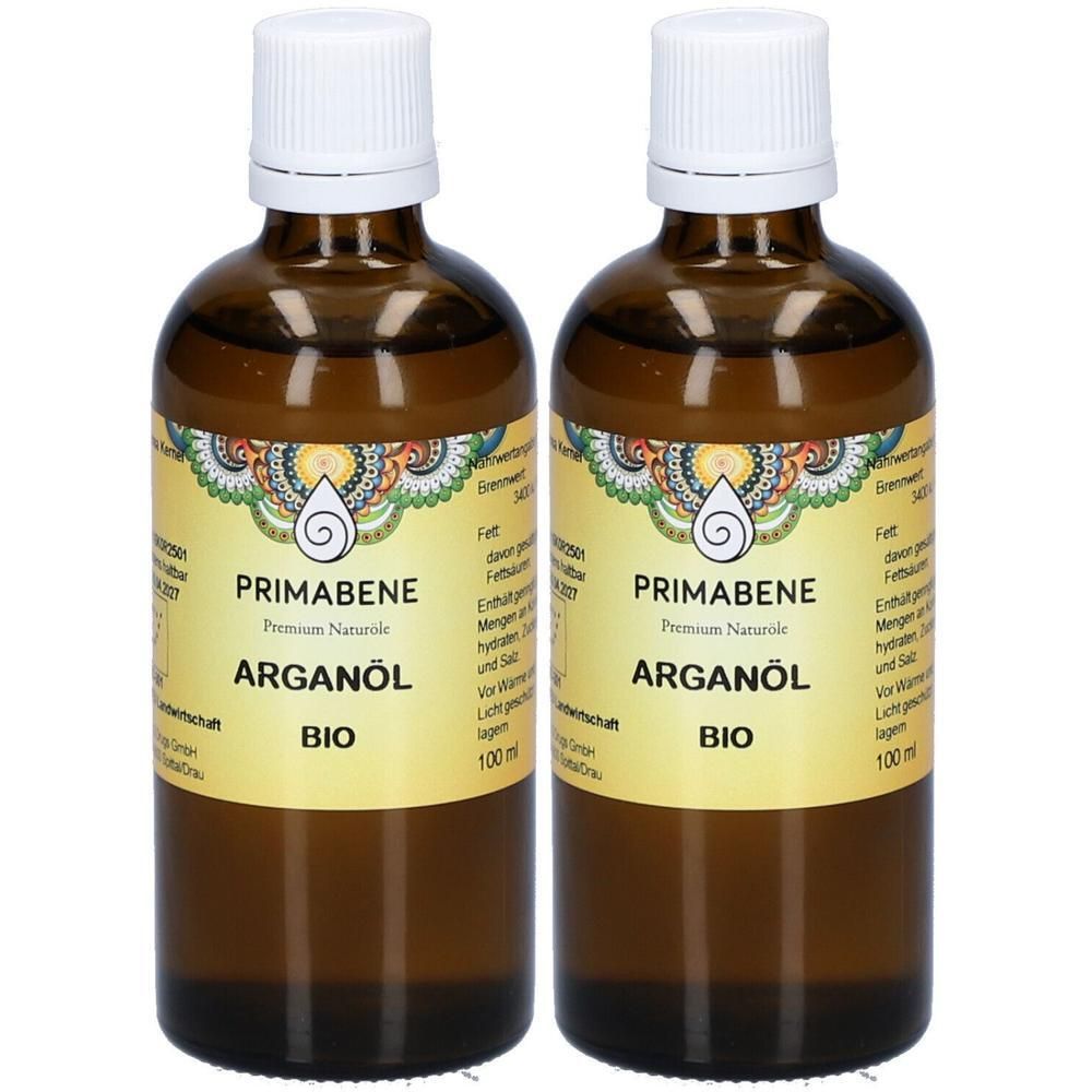 Zwei braune Glasflaschen mit weißem Schraubverschluss, gefüllt mit PRIMABENE Arganöl BIO.
