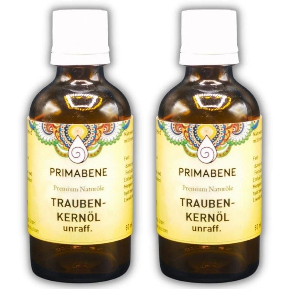 Zwei Flaschen PRIMABENE Traubenkernöl unraffiniert mit weißen Verschlüssen und gelben Etiketten.