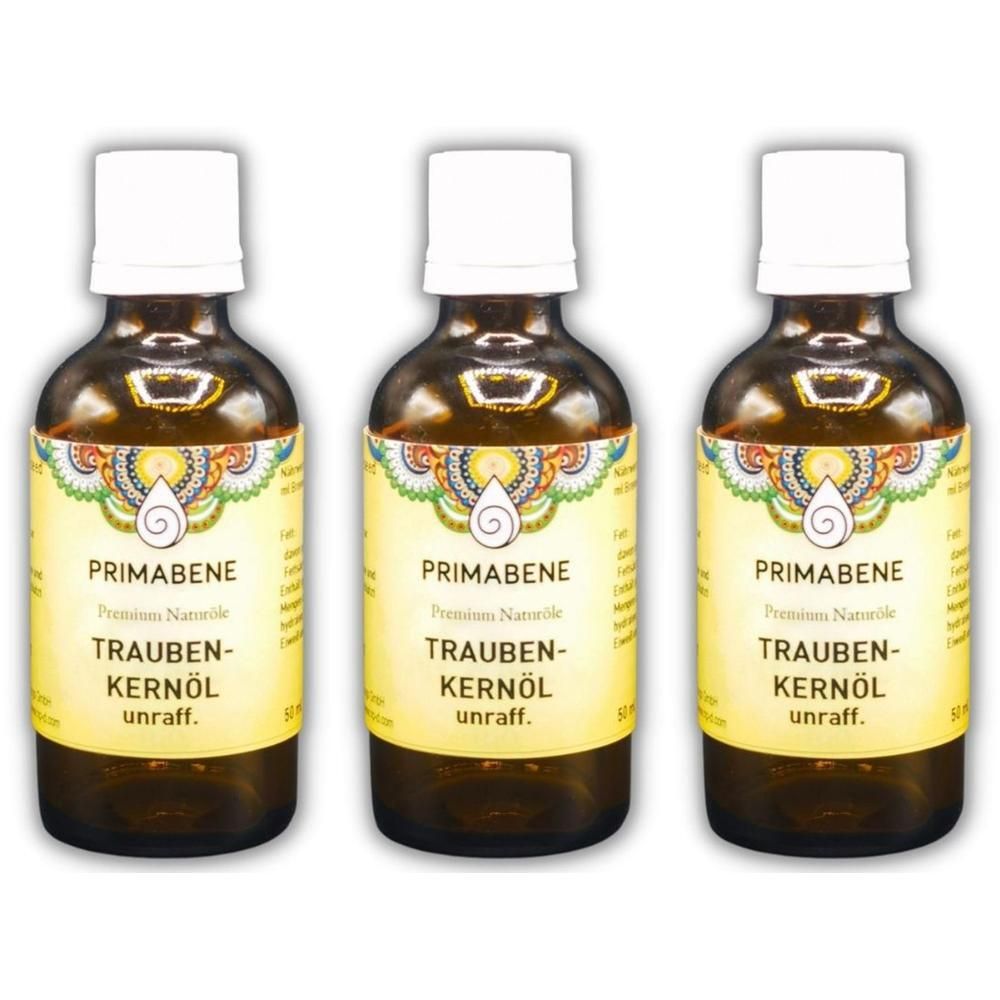 Drei Flaschen PRIMABENE Traubenkernöl unraffiniert mit weißen Verschlüssen und gelben Etiketten.