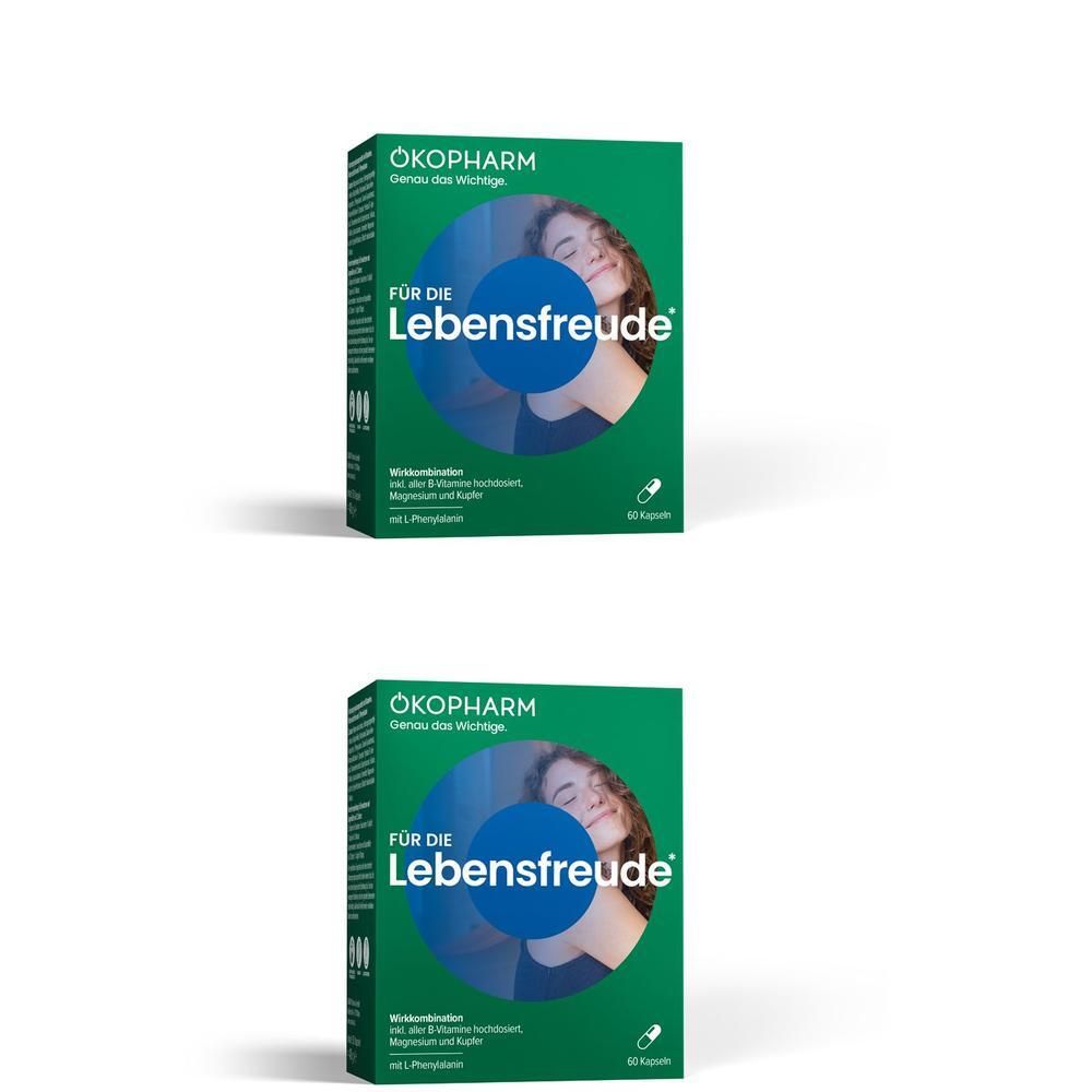 Zwei grüne Kartons für ÖKOPHARM® Lebensfreude, Wirkkombination mit 12 Kapseln.