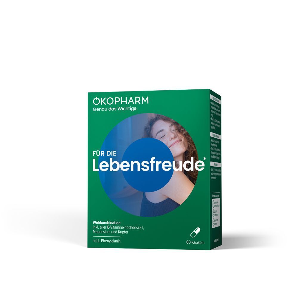 Grüner Karton für ÖKOPHARM® Lebensfreude, Wirkkombination mit 60 Kapseln.