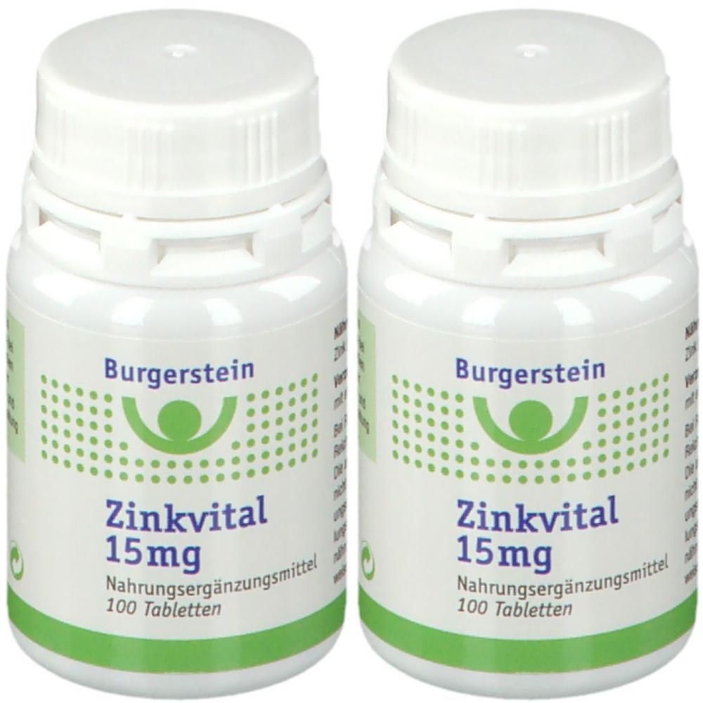 Zwei Flaschen Burgerstein Zinkvital 15mg, Nahrungsergänzungsmittel, 100 Tabletten pro Flasche.