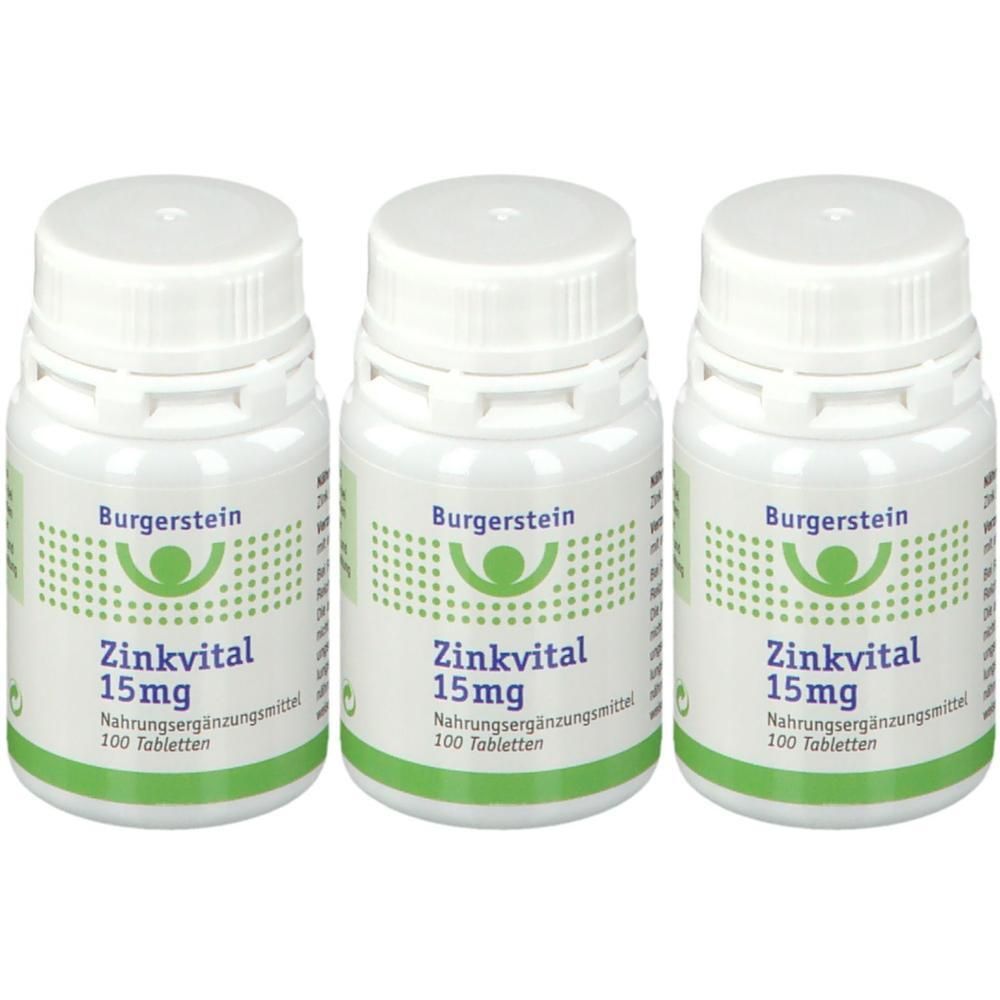 Drei weiße Behälter mit Burgerstein Zinkvital 15mg, Nahrungsergänzungsmittel, 100 Tabletten pro Behälter.