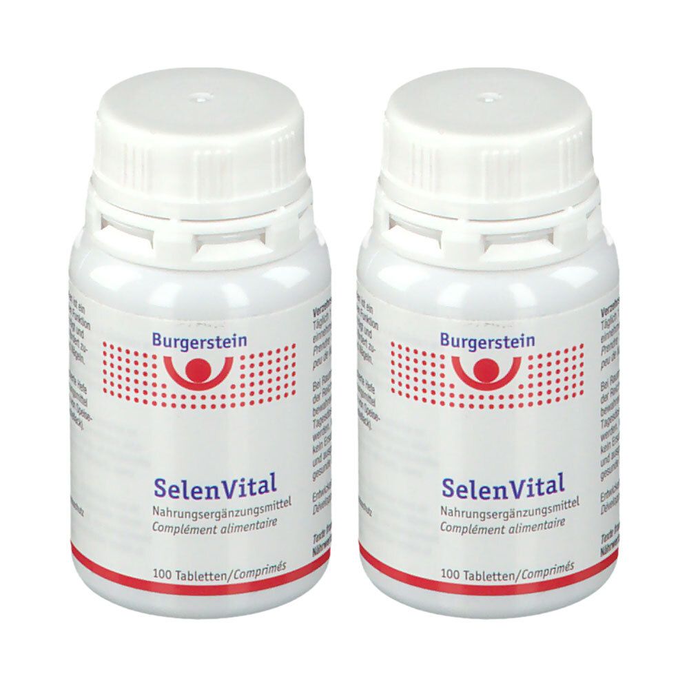 Zwei Dosen Burgerstein SelenVital, jede enthält 100 Tabletten/Comprimés.