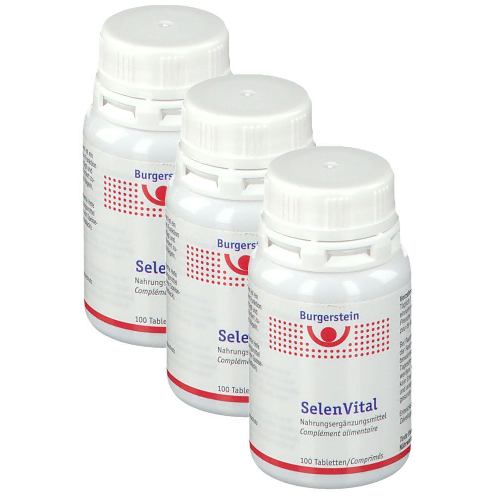 Drei weiße Flaschen Burgerstein Selenvital mit roten Akzenten und weißen Kappen, jede enthält 100 Tabletten.