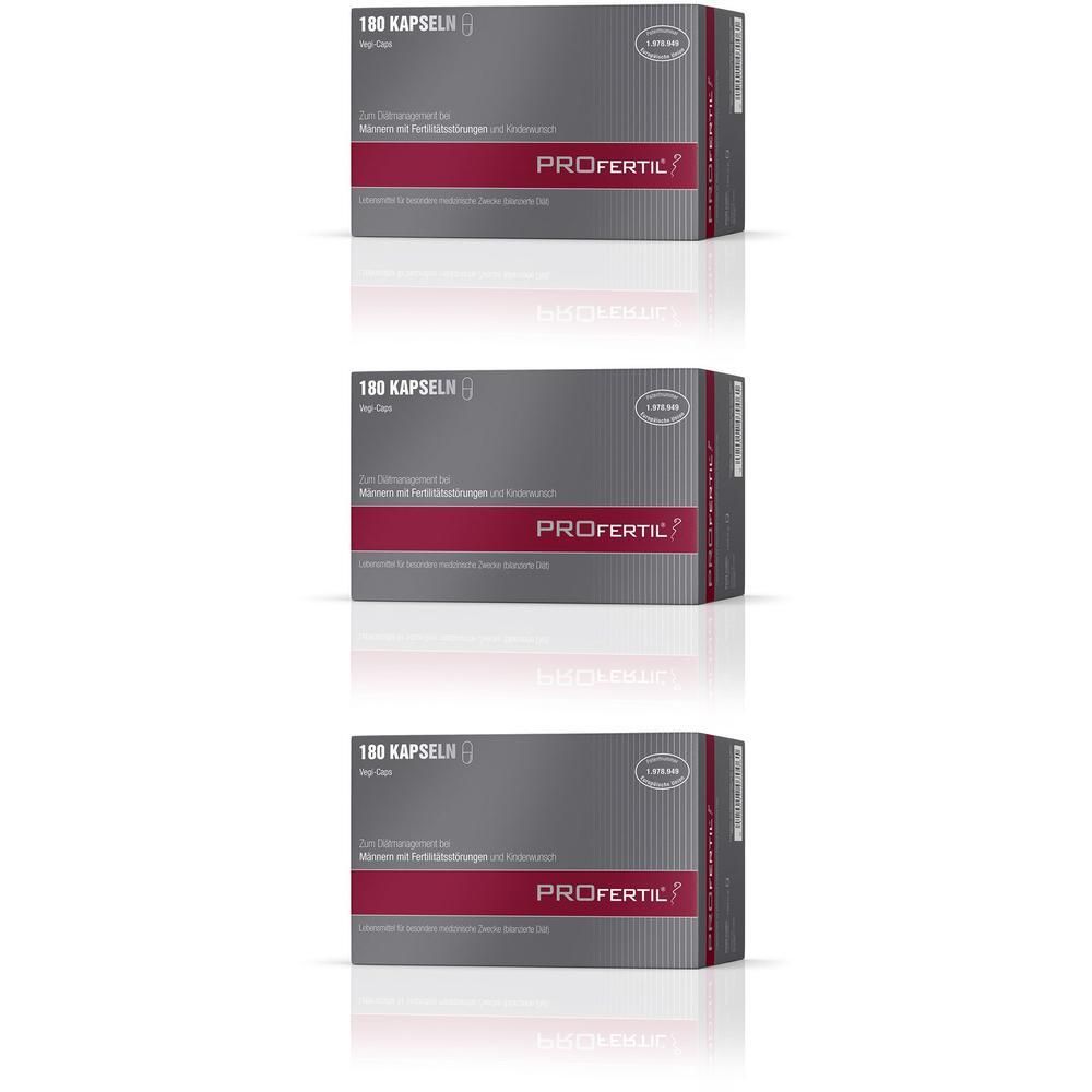 Drei Packungen PROFERTIL® Kapseln, 100 Kapseln pro Packung. Graue Verpackung mit rotem Streifen.