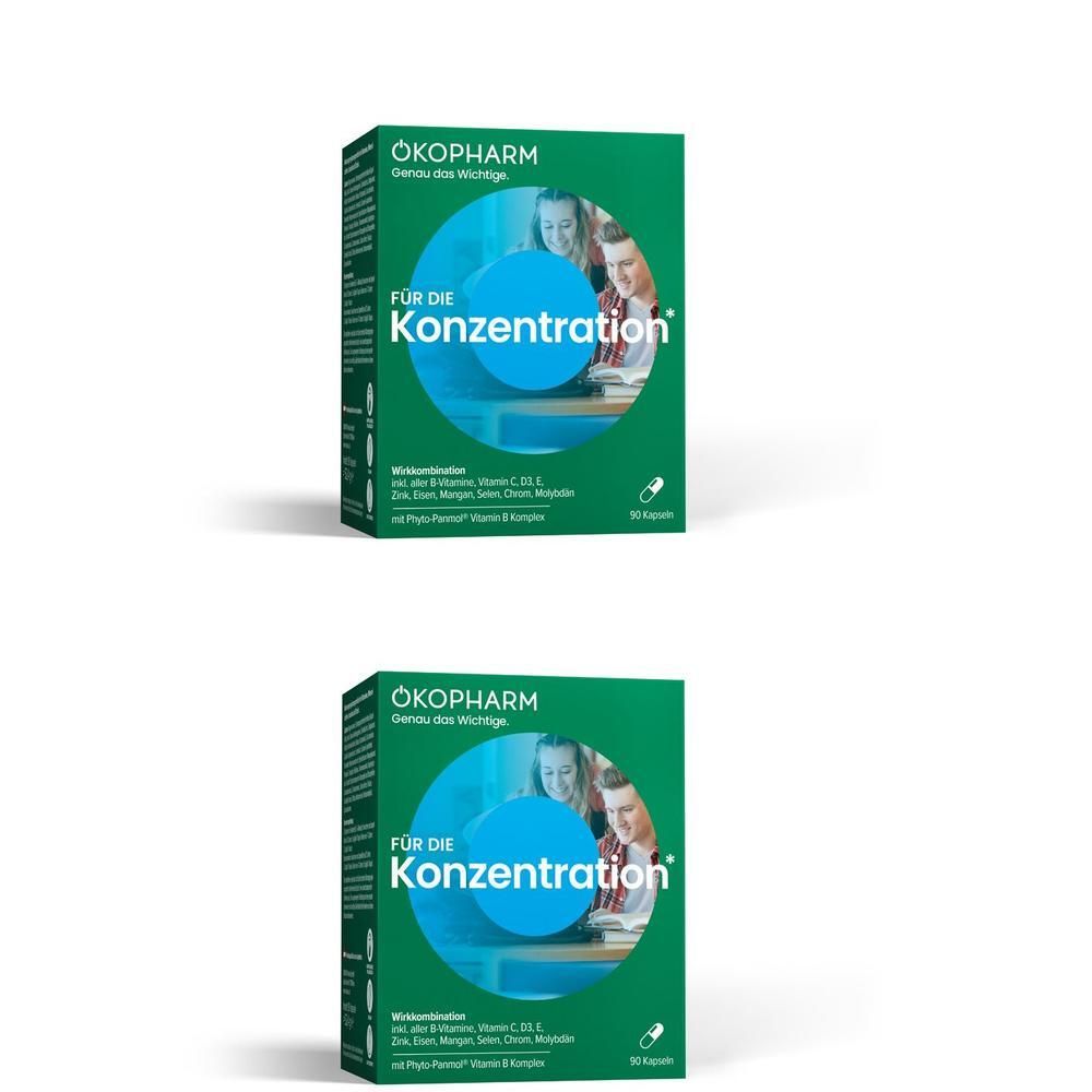 Zwei grüne Schachteln des Nahrungsergänzungsmittels ÖKOPHARM Konzentration, 30 Kapseln.
