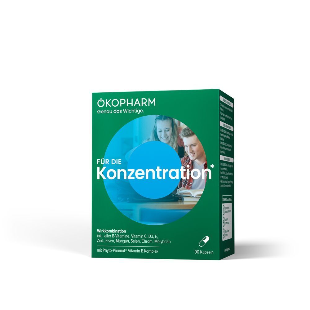 Grüner Karton für ÖKOPHARM Konzentration, mit Abbildung von drei jungen Erwachsenen und Text zu Wirkstoffen.