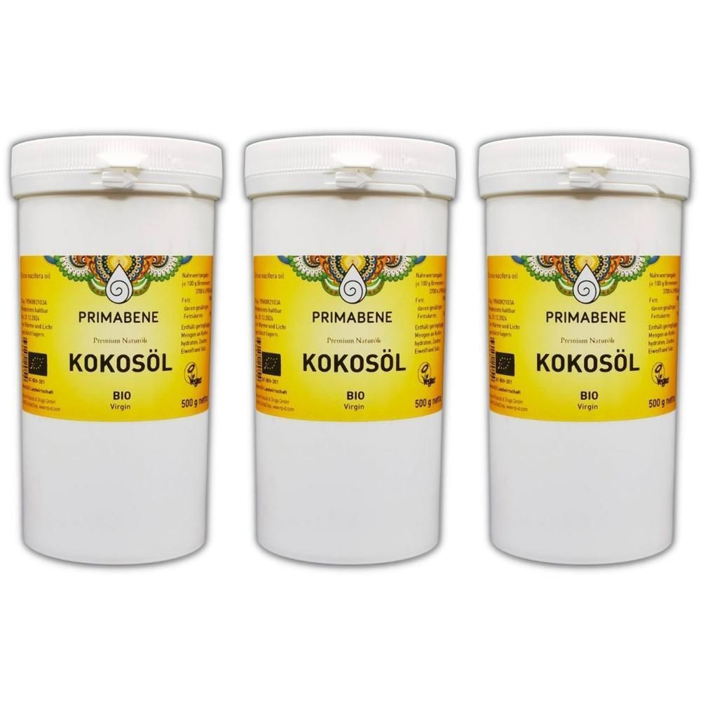 Drei weiße Behälter mit PRIMABENE Kokosöl BIO Etiketten. 500g pro Behälter.