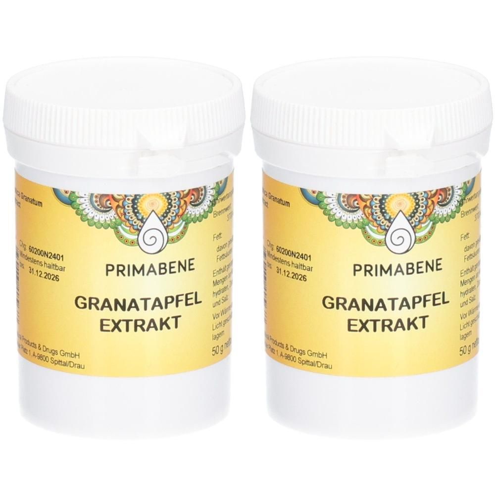 Zwei Behälter PRIMABENE Granatapfel Extrakt, je 50g. Gelbe Etiketten mit Produktinformationen und Verzierungen.