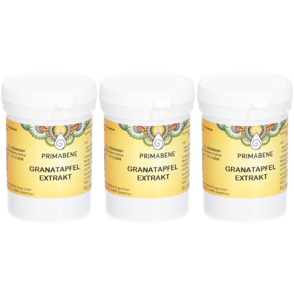 Drei weiße Behälter mit PRIMABENE Granatapfel Extrakt Etiketten. Jede Dose enthält 50g.