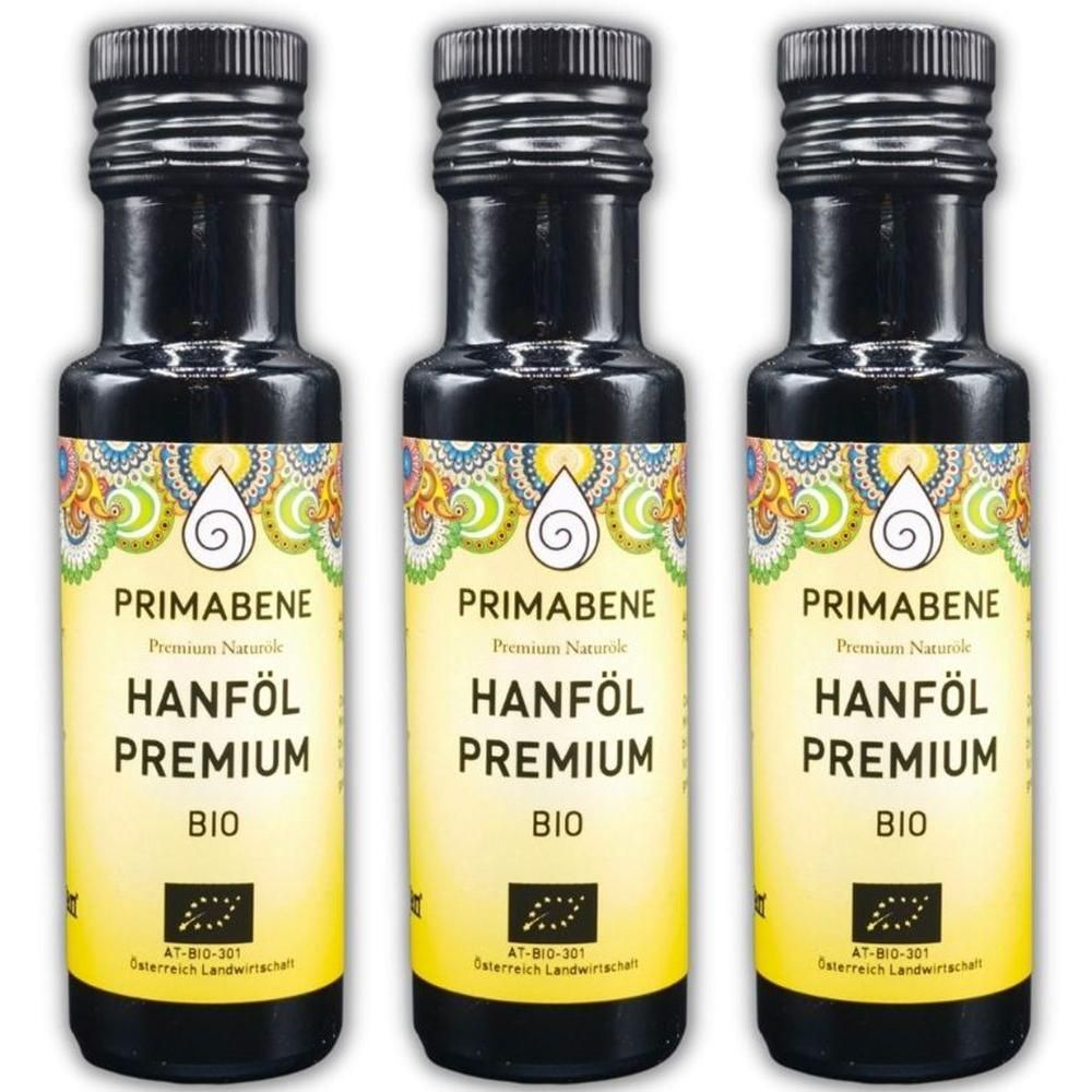 Drei Flaschen PRIMABENE Hanföl Premium BIO mit schwarzem Deckel und gelbem Etikett.