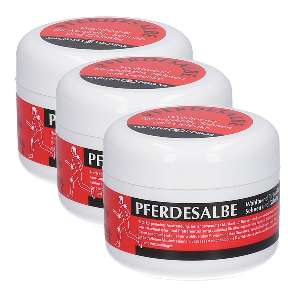 Drei weiße Tiegel mit rotem Etikett, das "Pferdesalbe" zeigt. Abgebildet sind Läufer und Gelenke.