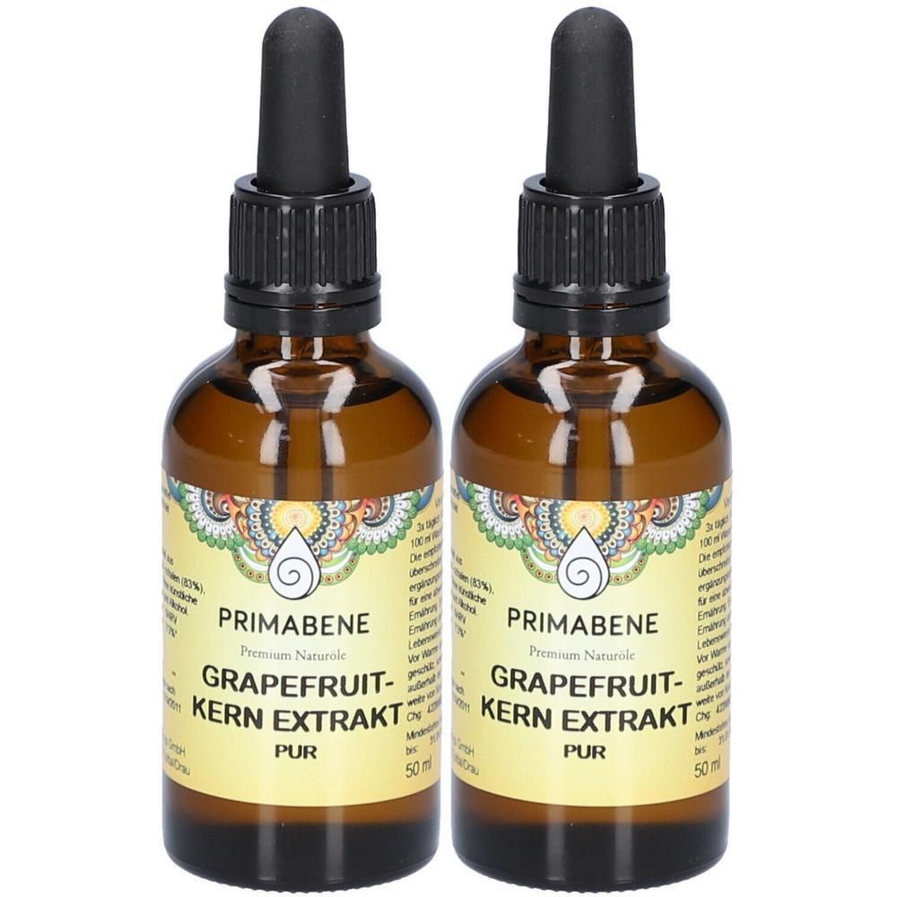 Zwei braune Glasflaschen mit Pipettenverschluss, gefüllt mit Grapefruitkernextrakt.