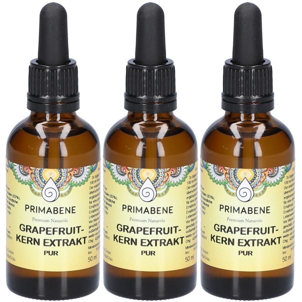 Drei Braunglasflaschen mit Pipettenverschluss, gefüllt mit Grapefruitkernextrakt.